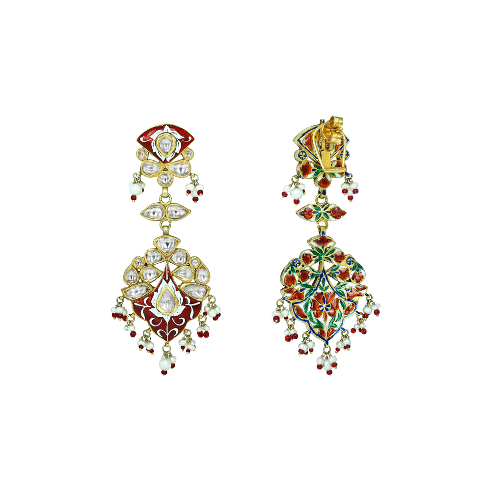 Polki Earrings with Red Enamel and Pearl Cascades